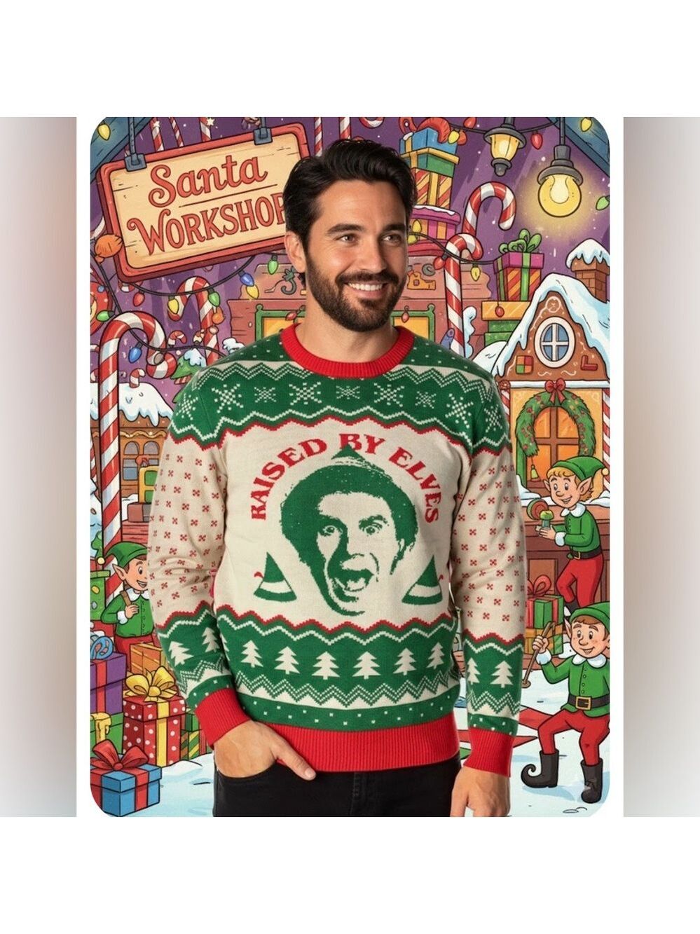 Elf The Movie ‘Raised By Elves’ Ugly Christmas Pullover Sweater - Size Large